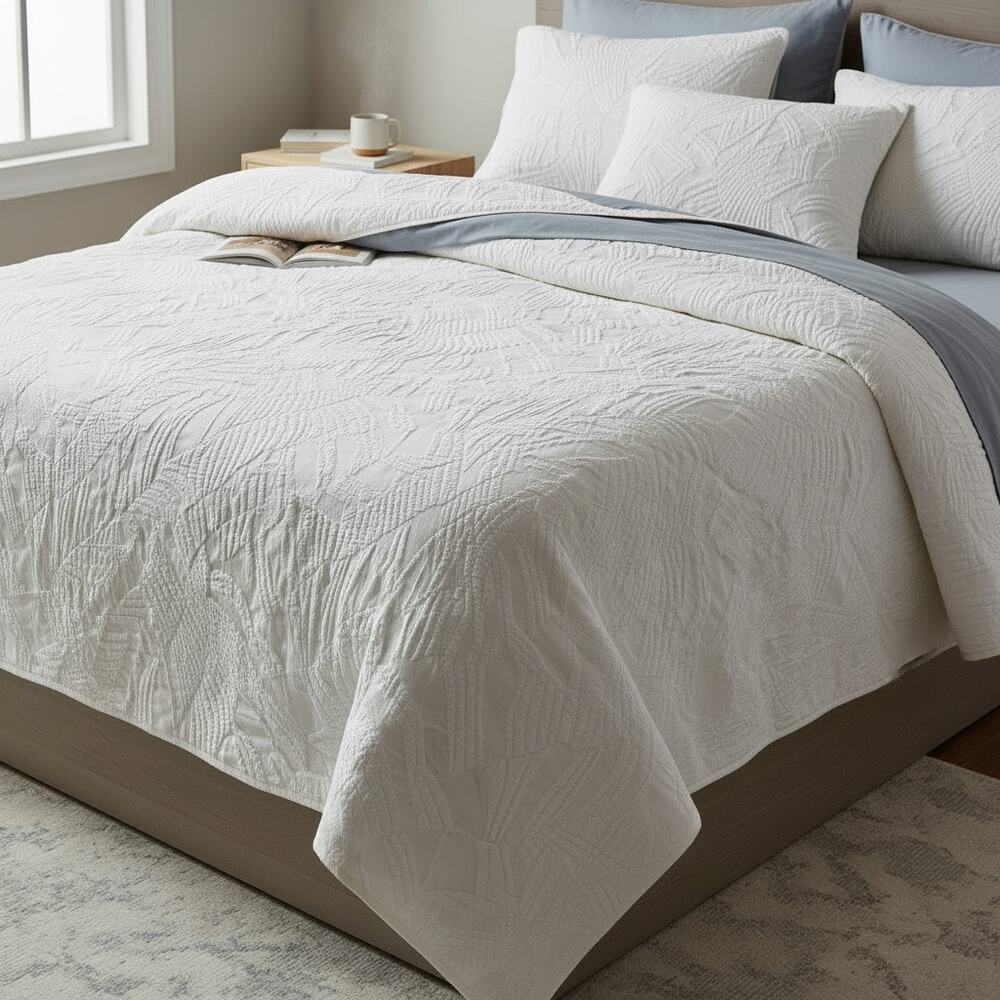 West Elm White King Duvet Cover Organic Cotton Textured Pattern Heavy Button